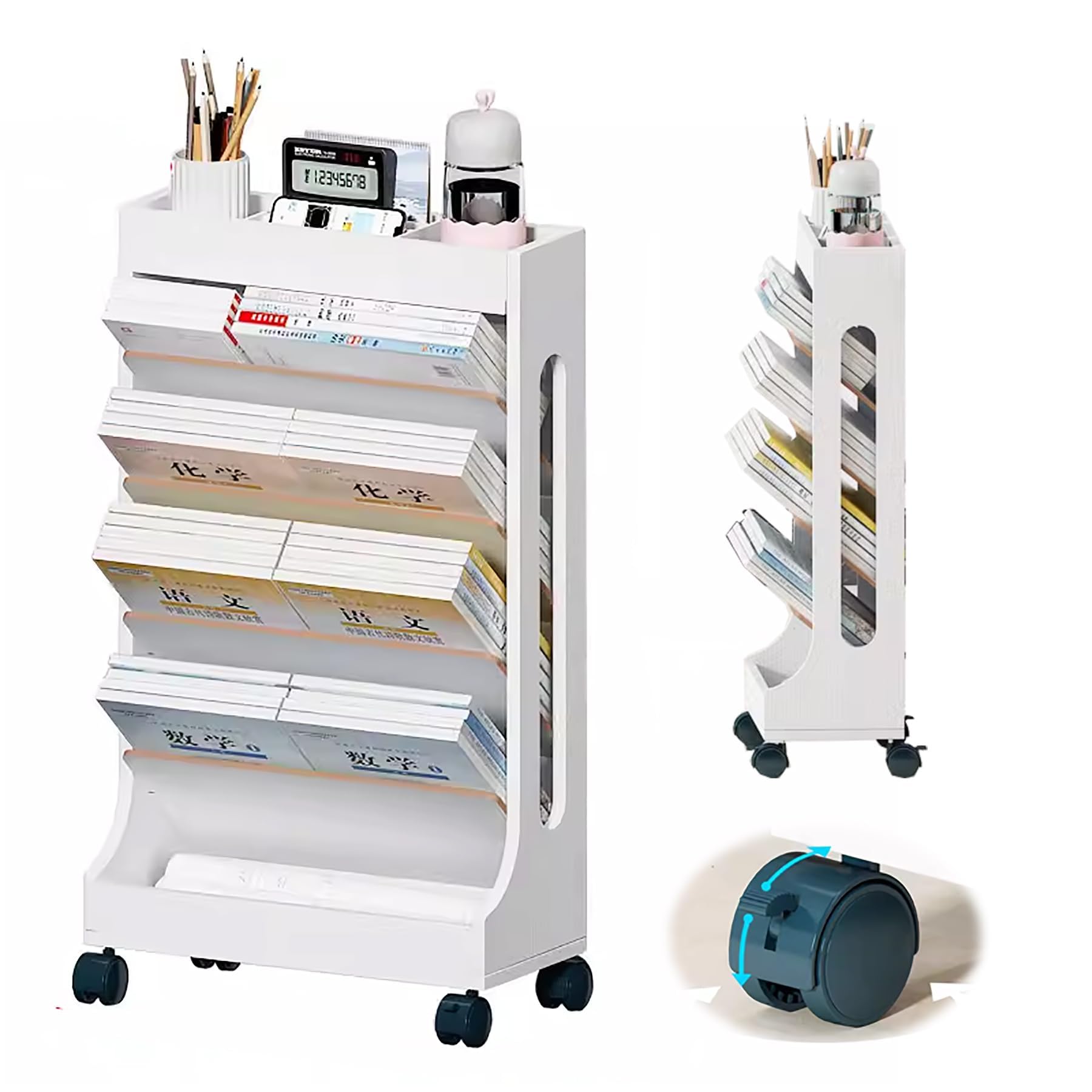 TUOYIBO Mobile Bookshelf on Wheels Wood Rolling Utility cart Wagon Rolling File cart for Office, Dorm, Classroom,Library, Living Room,B