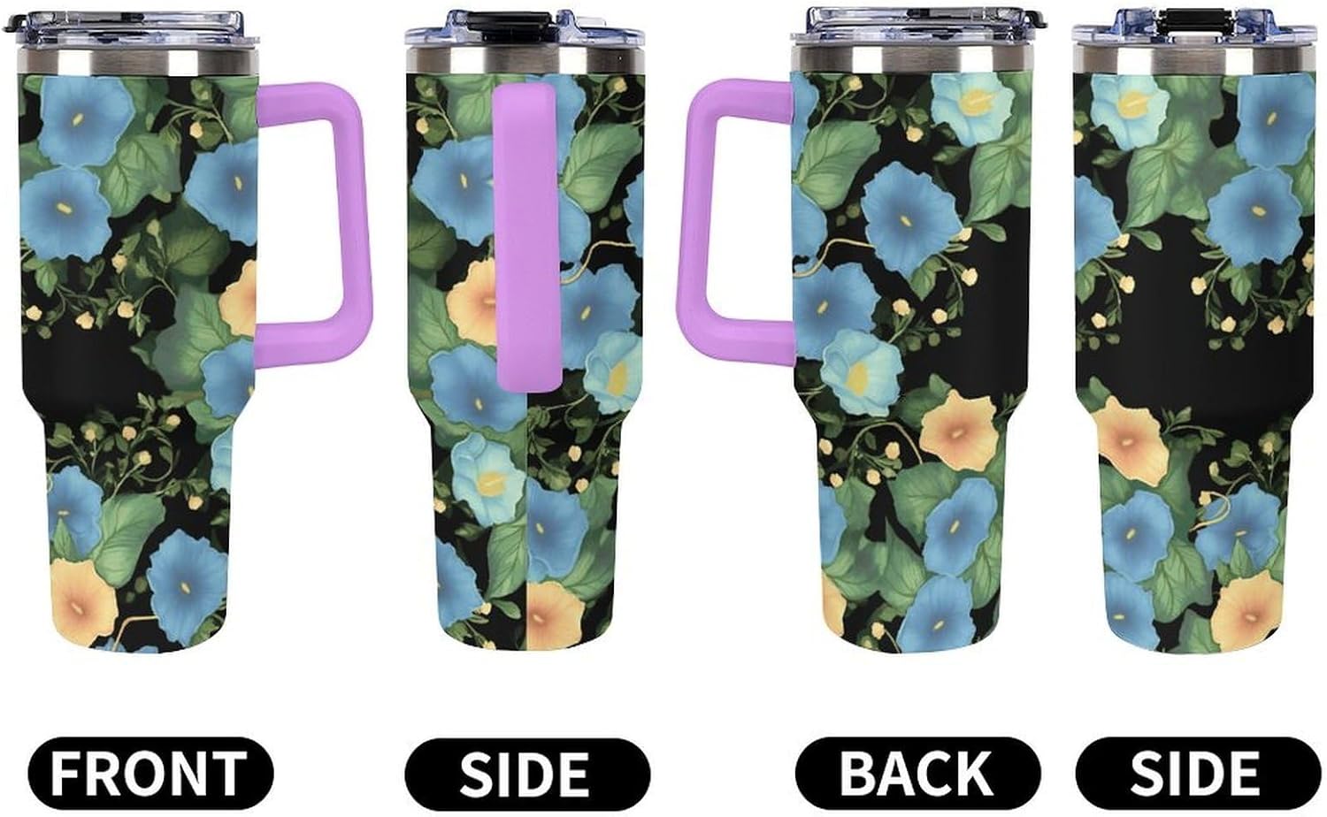 Large Car Cup with Handle&Lid Fashion Morning Glory Tumbler Sturdy Insulated Water Bottle Stainless Steel Vacuum Travel Mug Portable Coffee Cup for Home Outdoor 40 Oz Violet-style
