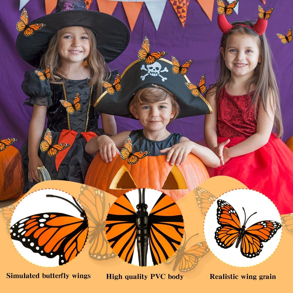Monarch Butterfly Decorations, 24 PCS Monarch Butterfly Wall Decor 3D Orange Fake Butterflies for Crafts Day of The Dead Halloween Party Supplies Autumn Wedding Home Wall Table Bedroom Decorations