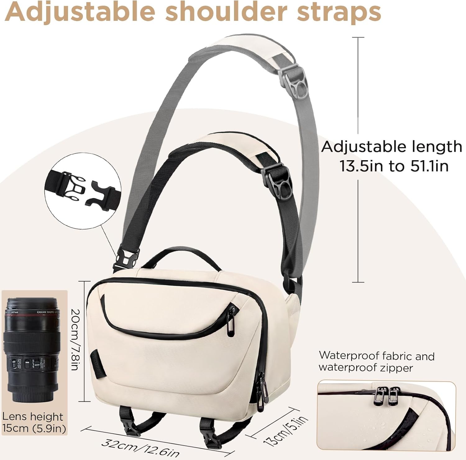 Camera Sling Bag,Waterproof Camera Case with Tripod Holder,Lightweight DSLR/SLR/Mirrorless Camera Bags Crossbody for photographers-Beige - Image 3