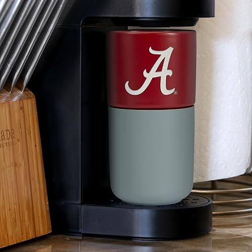 Miniatura 596 de Rico Industries NCAA Miami of Ohio Redhawks - Vaso de cerámica de 16 onzas con agarre de silicona, grabado láser profundo, diseño de color negro