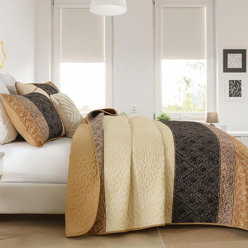 Cottolester Fall Quilt Set Queen Size 3 Pieces,Brown Striped Bedspread,Boho Plaid Bedding Set Soft Microfiber Quilt with 2 Pillow Shams 96"x90" image 4