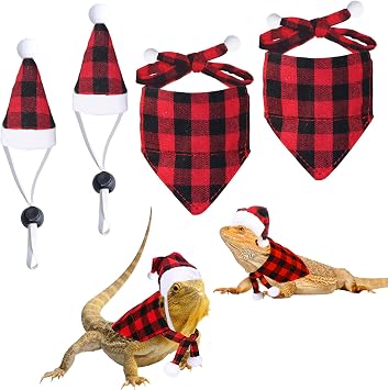 4 Pieces Christmas Bearded Dragon Costumes, Lizard Christmas Hats Bandanas Small Pet Christmas Costume for Bearded Dragon Lizard Chicks Parrot Hamster Guinea Pig Small Pet Red, Plaid