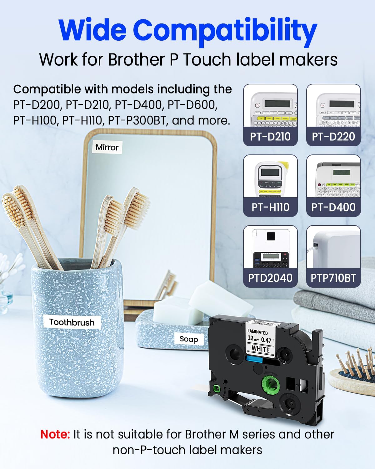 12 mm 0.47 Laminated White Tape, Replacement for Brother P Touch Label Maker Tape TZe-231 1/2" Black on White, TZE231 for PT-D210 D220 H110 D400 D410 D600 D610BT, 12mm x 8m, 10-Pack - Image 2