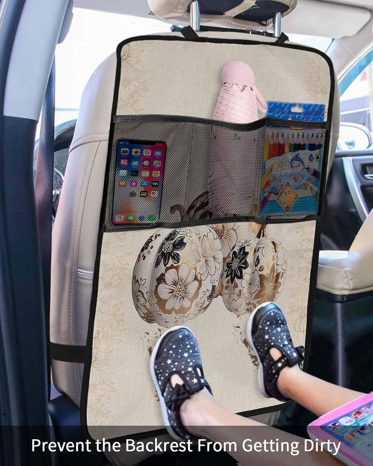 Car Seat Protector, 2 Pack Kick Mats with Organizer 3 Pocket Storage, Fall Thanksgiving Pumpkin Rustic Floral Botanical Leaves Linen Back Seat Cover for Universal Fit Automotive Interior Protectors
