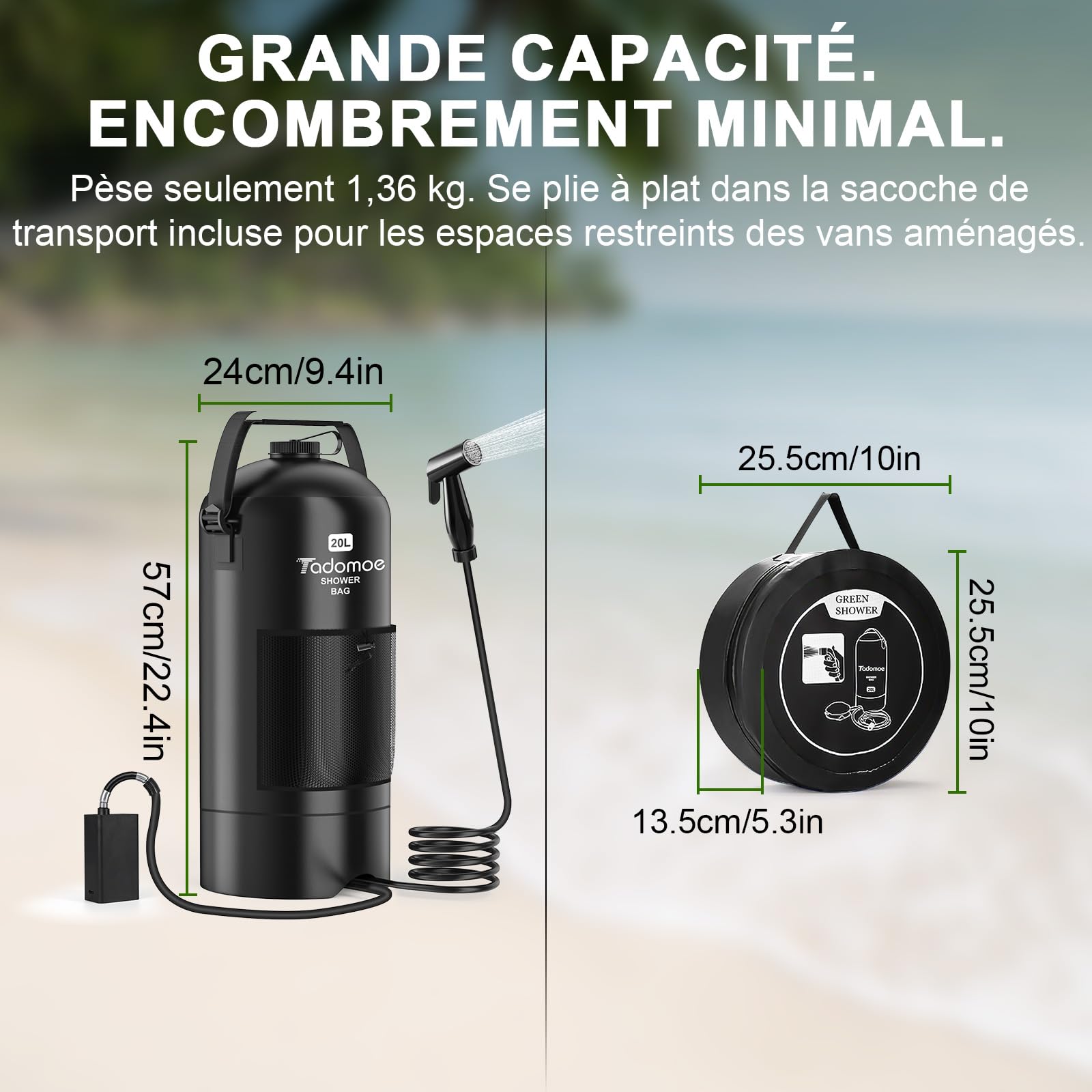 Douche Portable Électrique 20L avec 2000mAh Pompe - Douche Solaire de Camping Pliable avec Tuyau 2m & Sac de Rangement - Douche Extérieur pour Fourgon Aménagé, Plage, Chien et Randonnée
