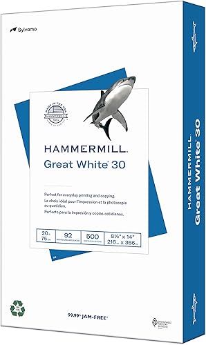 Hammermill - Papel para impresora Great White, 30 % reciclado, 8.5 x 14 pulgadas, 1 resma (500 hojas), brillo de 92, hecho en EE. UU., 086704