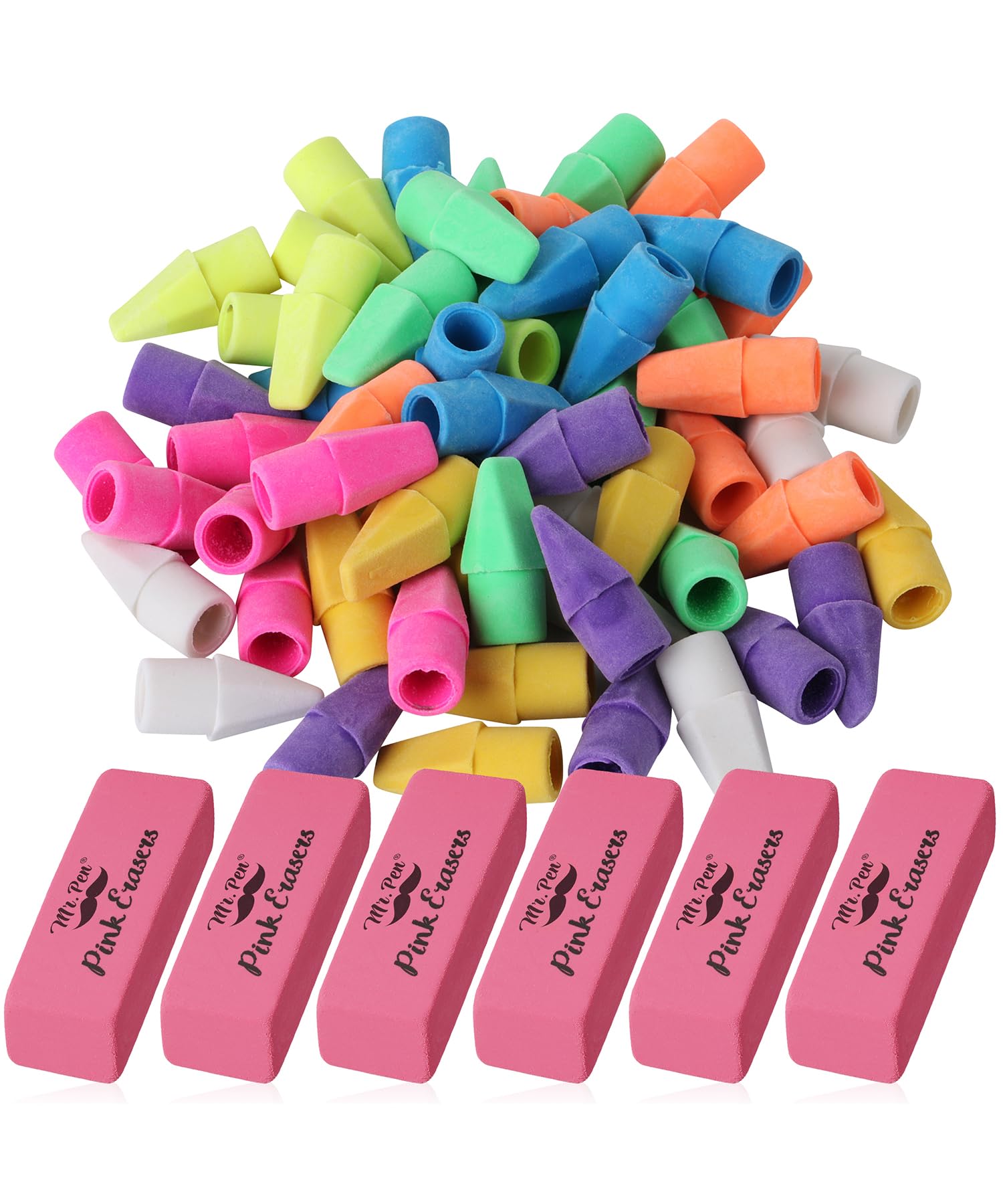 Mr. Pen- Pencil Erasers Set, 60 Pack Pencil Top Erasers, 6 Pencil Erasers, Latex-Free & No Smudge