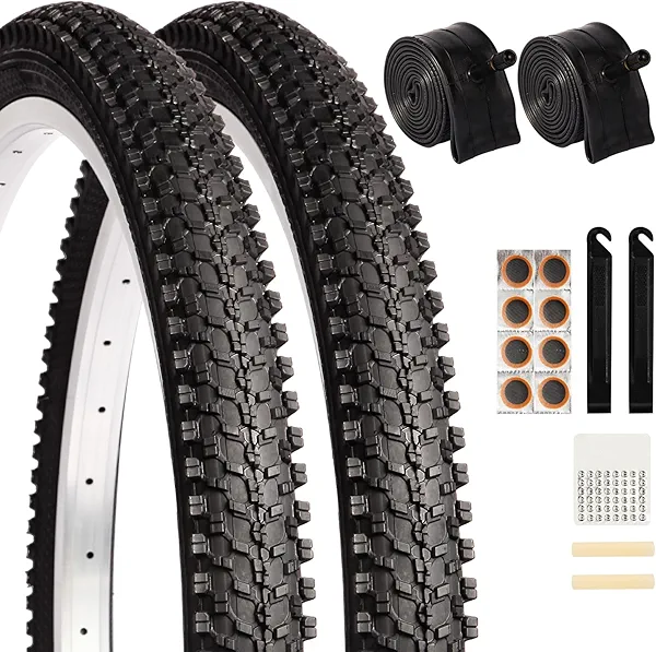 2 Pack 24" x 1.95" Mountain Bike Tire Set, 24 inch Folding Replacement Puncture-Resistant Bicycle Tires with 24 x 1.75-2.125 inch Bike Tubes and Repair Tool Kit for Mountain Bike, Off-Road Bike