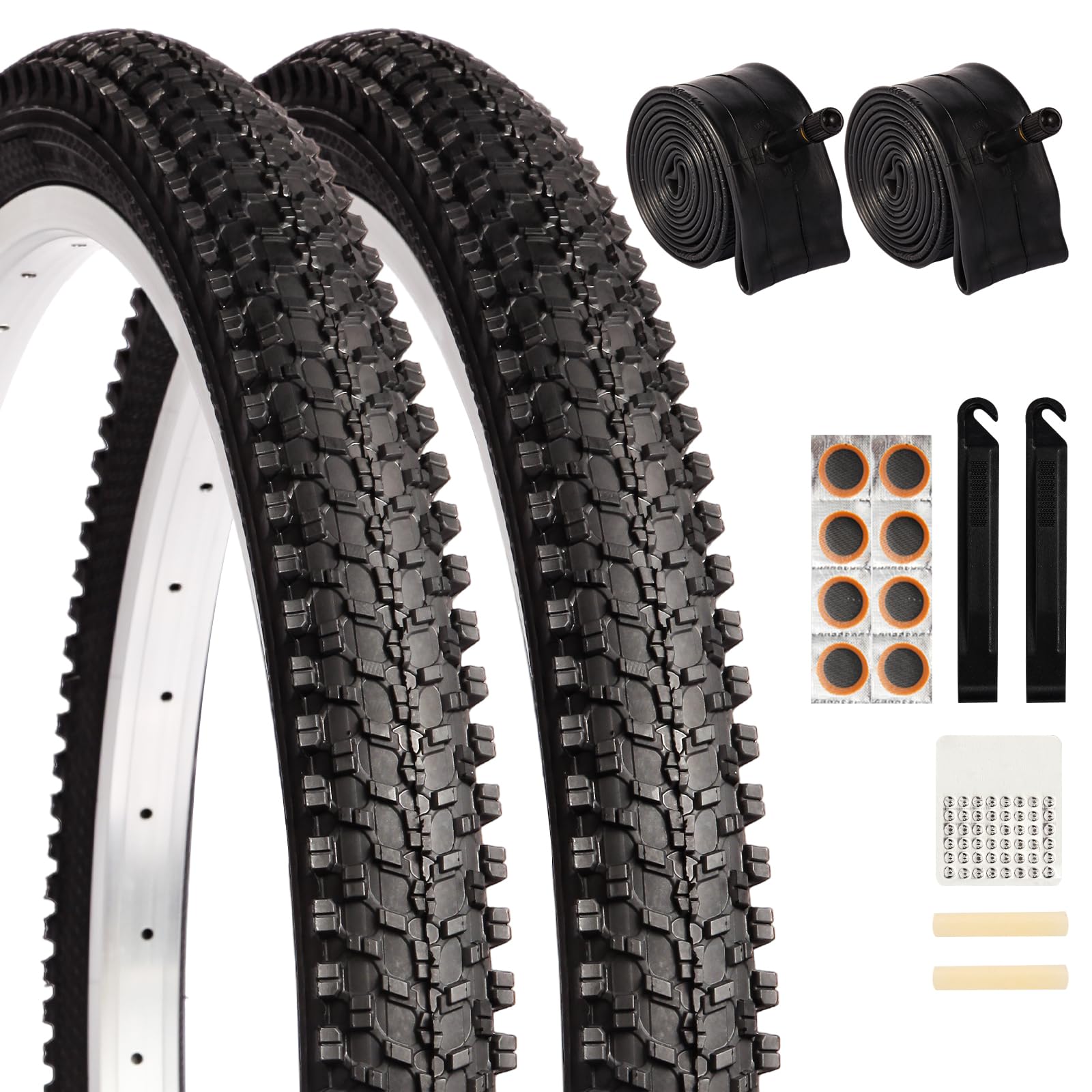 2 pack 24" x 1.95" mountain bike tire set, 24 inch folding replacement puncture-resistant bicycle tires with 24 x 1.75-2.125 inch bike tubes and repair tool kit for mountain bike, off-road bike only tires no tool