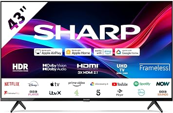 Sharp 43GJ4225K 43 Inch 4K UHD Frameless LED Roku Smart TV   Dolby Vision, HDR10, HLG, HDMI 2.1 with eARC, 3x HDMI, 2x USB, Apple AirPlay, Google Cast, Voice Control Compatible   Black [Energy Class F]