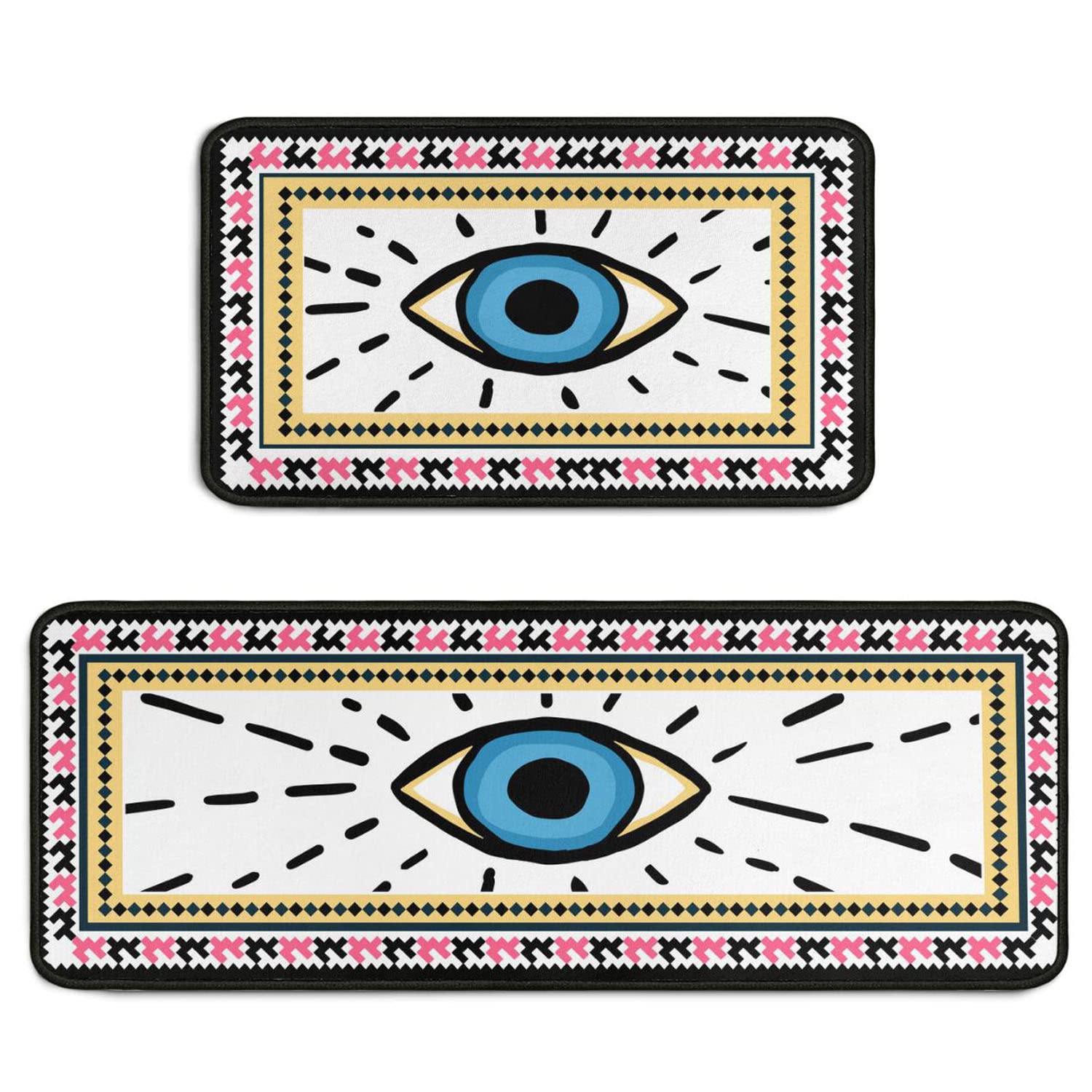 Evil Eye Kitchen Rugs Set of 2 Boho Non-Slip White Kitchen Rug and Mat Cushioned Kitchen Runner Rug Carpets for Kitchen Floor Bedroom Farmhouse Decor 17"x47"+17"x30"