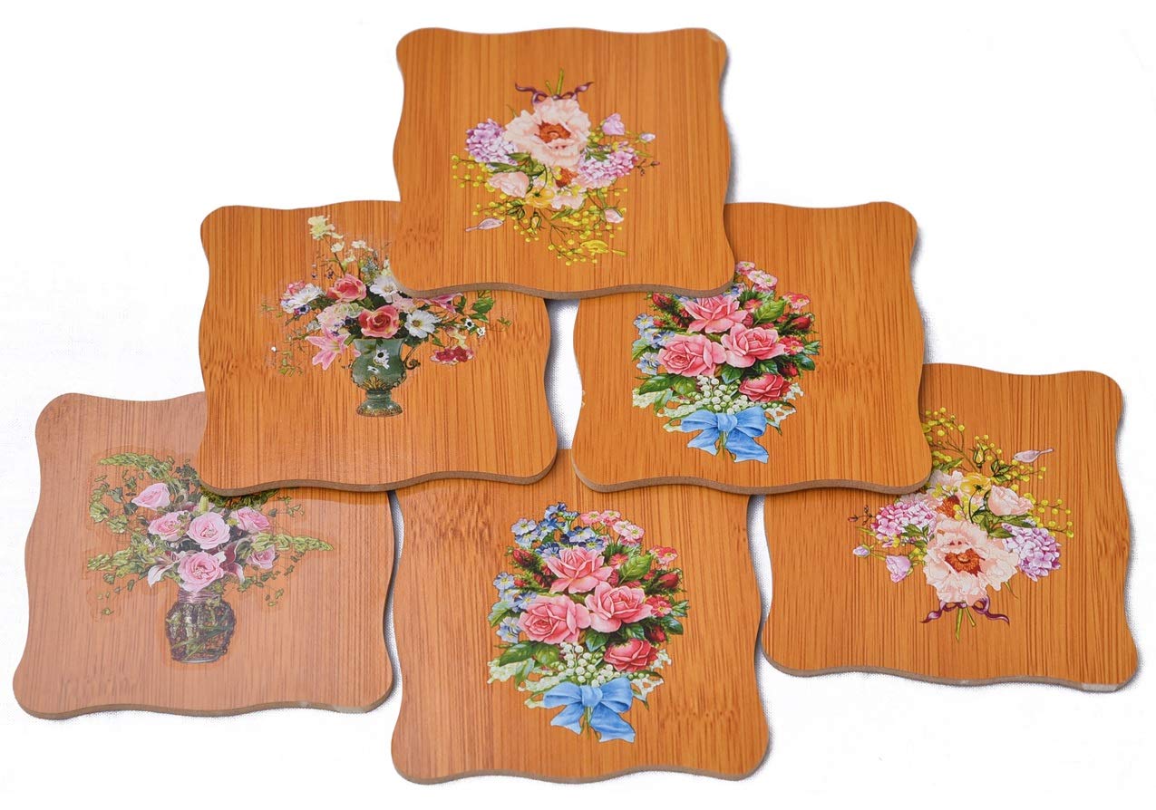 Yellow Weaves 6 Pieces Bamboo Wood Coasters or Heat Insulation Pad/Table Mats Placemats for Big Pans Pots- (9.5 X 9.5 Cms)