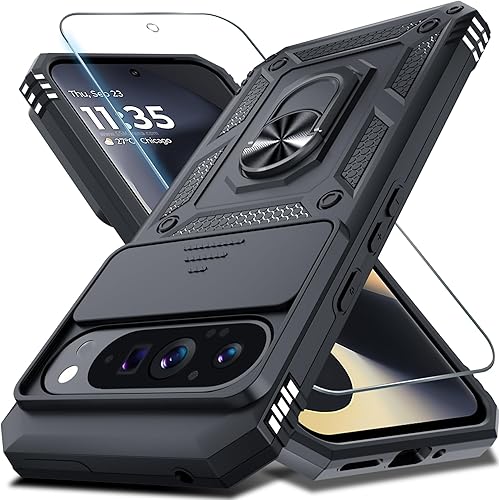 Janmitta - Funda compatible con Google Pixel 9 Pro XL con cubierta deslizante para lente de cámara incorporada + protector de pantalla + soporte