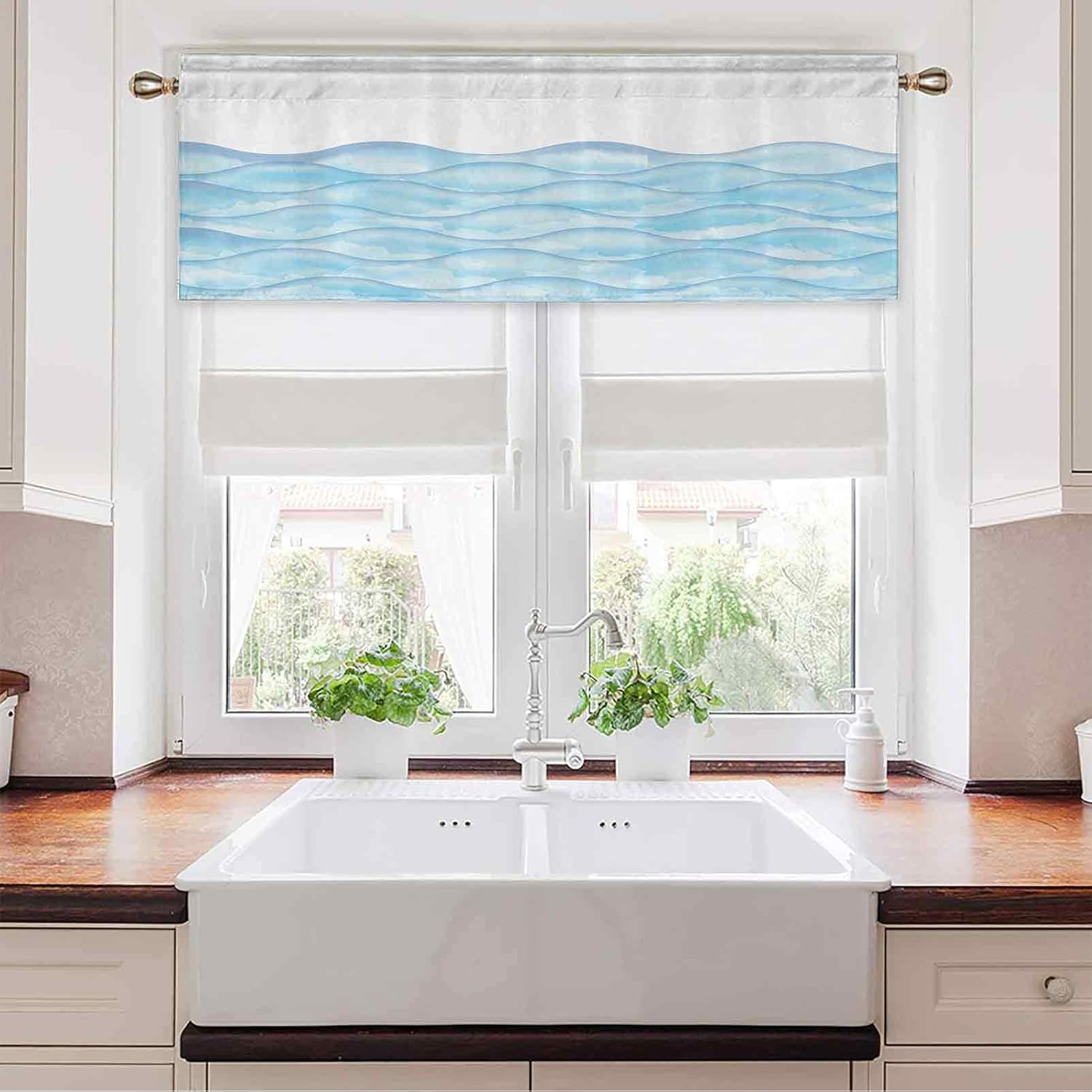 Kitchen Curtain Valance, 50" W x 18" L Sea Waves Illustration with Dynamic Features Liquid Ocean Motion Water Artsy Image L Thermal Insulated Blackout Valance Curtain Light Blue White