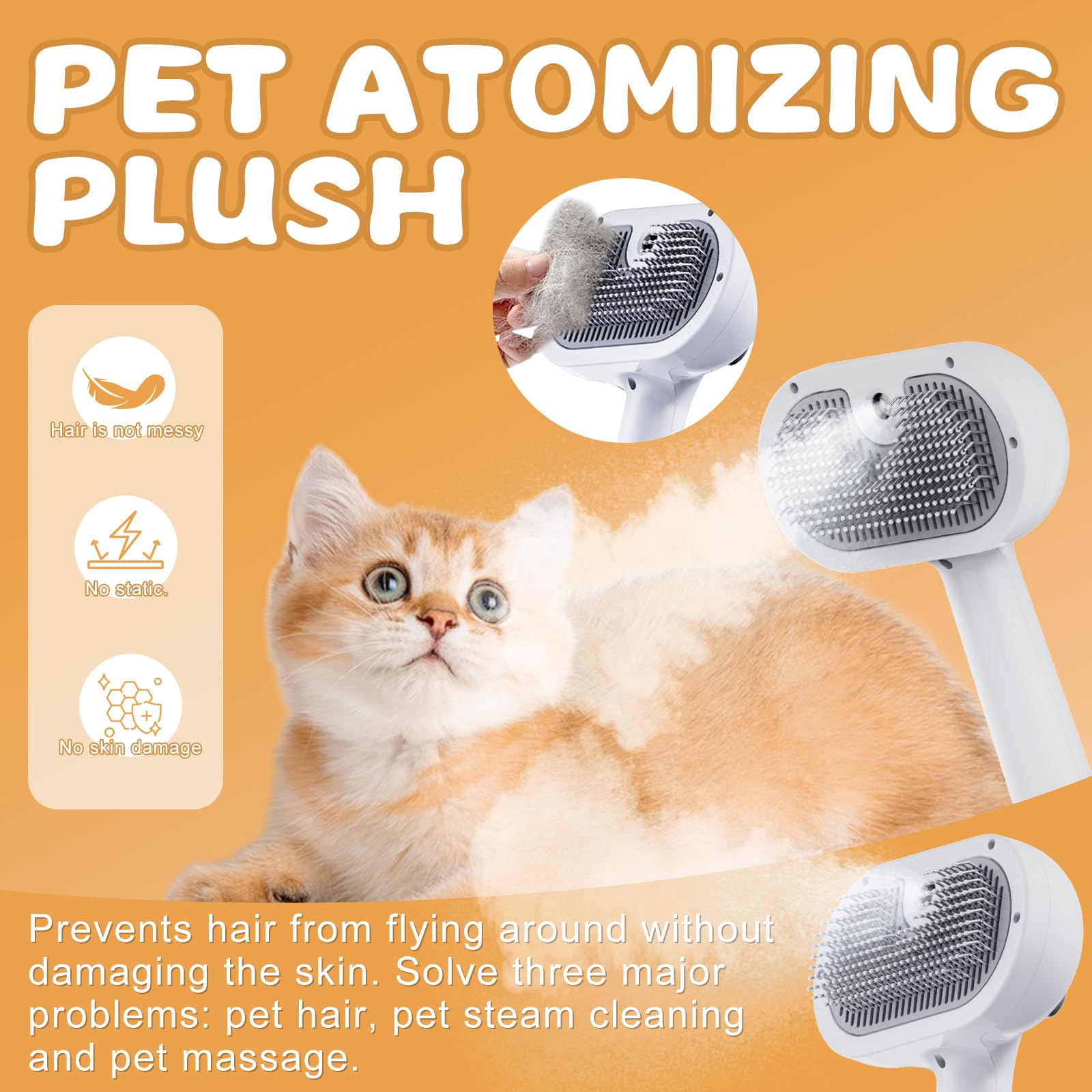 Kipvvo Cat Steam Brush, 3 In 1 Steam Brush for Dogs & Cats, Pet for Pet Hair Removal Tool, Shedding Reduced Discomfort, Suitable for Massaging, Combing