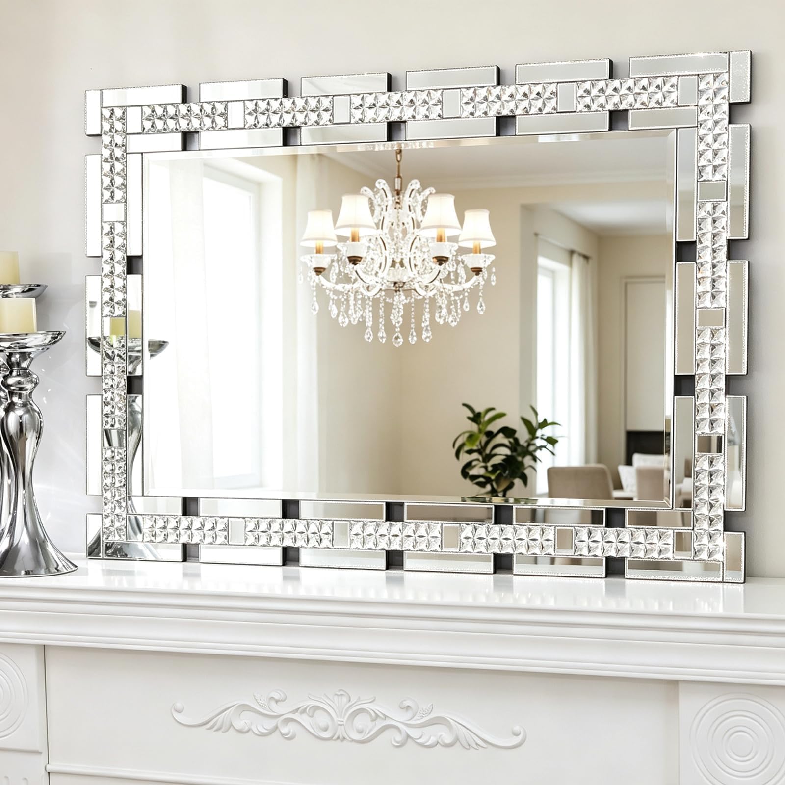 Chende 28" x 40" Large Crystal Mirror for Decor with Beveled Glass Frame | Decorative Living Room Wall Mirror, Rectangular Elegant Mirror for Home Office, Dining Room, Bathroom, Entryway