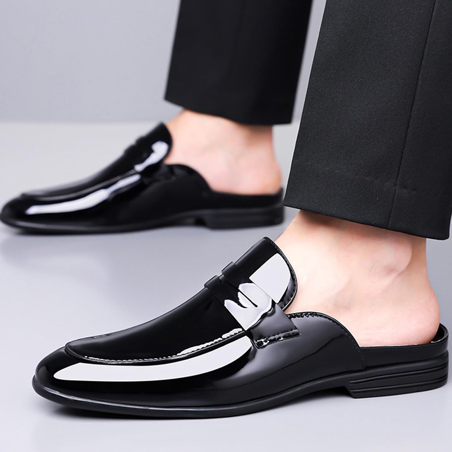 Men's Patent Leather Dress Mules Fashion Comfortable Low Heel Slip On Backless Loafers for Wedding Office Business Formal Clogs - Image 2