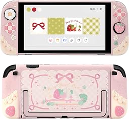 GeekShare Coque de protection en silicone souple compatible avec Switch 2 - Coque de protection séparable avec 2 capuchons pour les pouces - Fraises avec crème (rose)