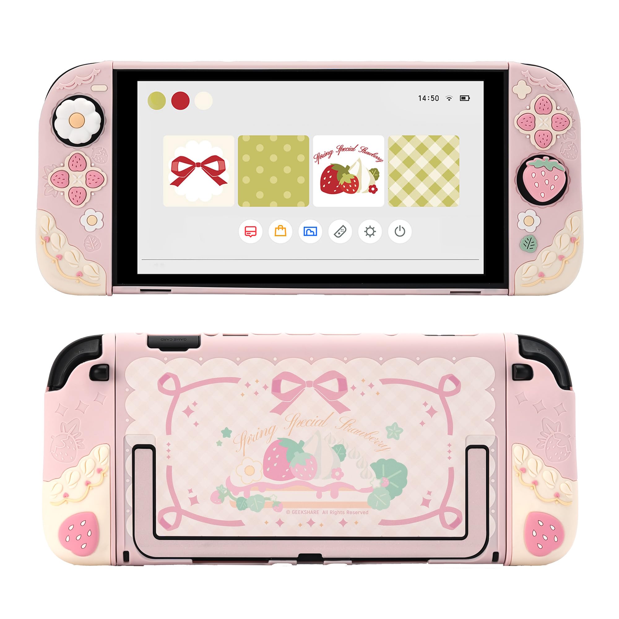 GeekShare Coque de protection en silicone souple compatible avec Switch 2 - Coque de protection séparable avec 2 capuchons pour les pouces - Fraises avec crème (rose) - 2