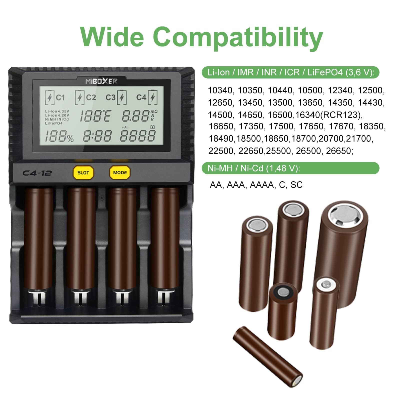 Ładowarka 18650 najszybsza, AUKSKY 3A 4 gniazda szybka ładowarka Wyświetlacz LCD Regulacja temperatury dla baterii AA AAA D 26650 18490 18350 18500 RCR123 Li-ion/IMR/INR/ICR/Ni-MH/Ni-MH/N. i-Cd