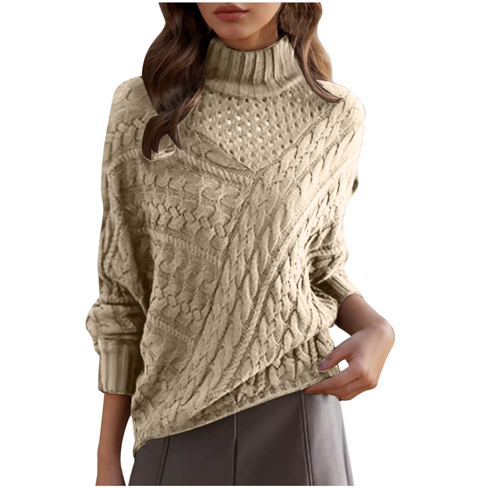 Turtleneck Sweaters for Women 2025 Fall Winter Long Sleeve Dressy Casual Soft Cable Knitted Crochet Basic Pullover Tops