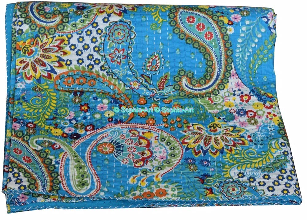 Sophia-Art Kantha Quilt King/Twin - ręcznie robiony indyjski koc z bawełny, wzór kaszmiru, na łóżko lub sofę (turkusowy, King 90 x 108 cali)