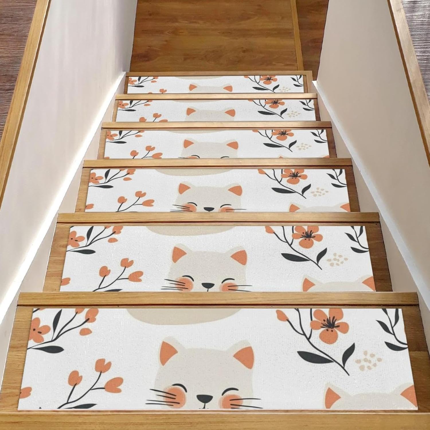 Self Adhesive Residue Free Machine Washable Reusable Stair Treads Non Slip Steps Cute Cat with Flower (1) Stair Runner Indoor – 15 Pack 30″X8″ Anti Slip Mats