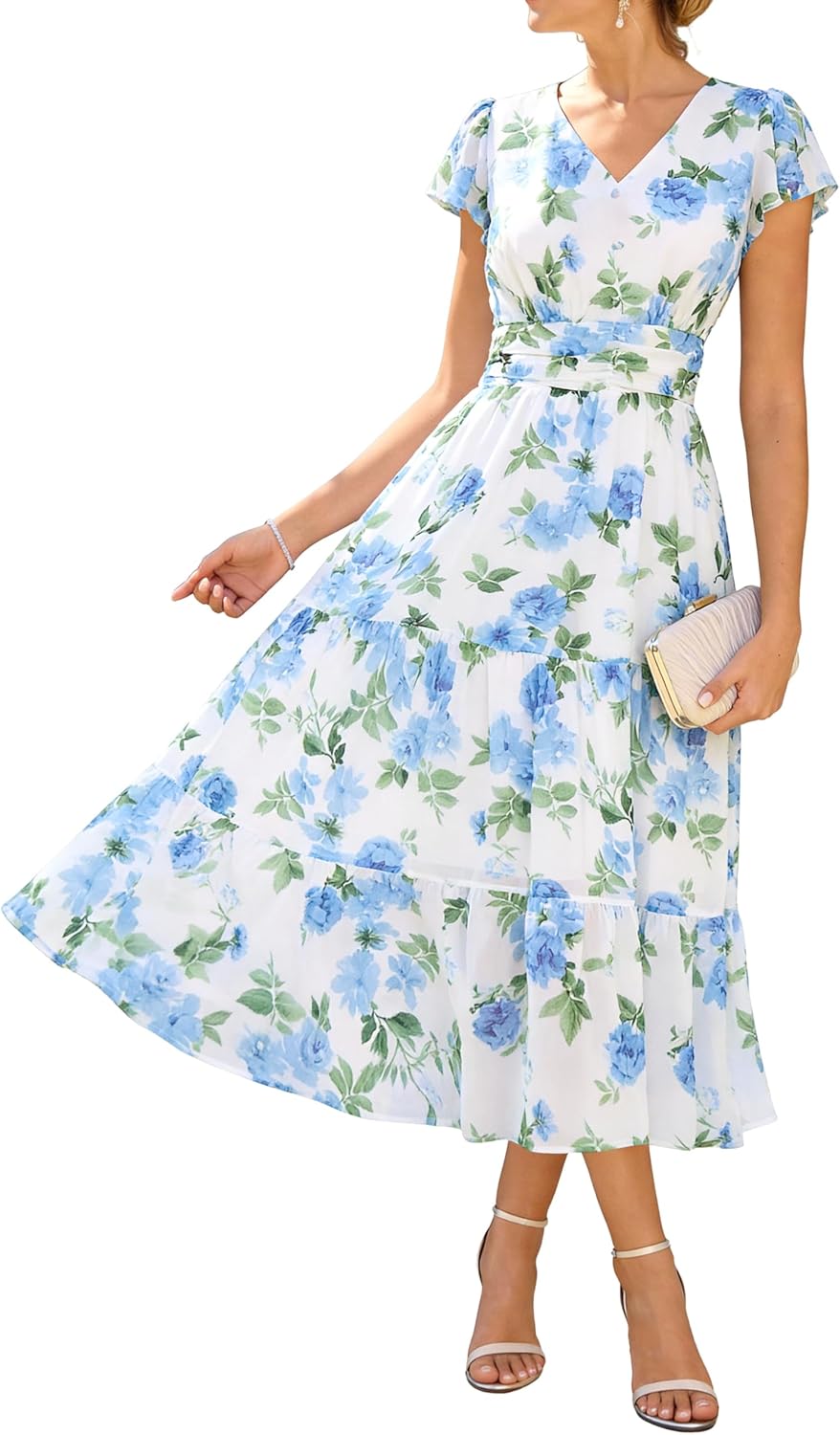 GRACE KARIN 2026 Women Summer Dress,Maxi Short Sleeve Floral Dresses,Semi Formal Flowy Wedding Guest Dress with Pocket - Image 2