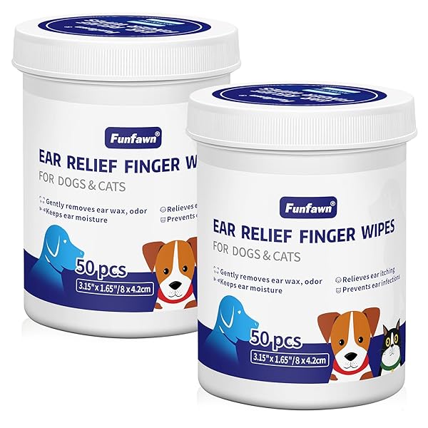 funfawn Pet Ear Relief Finger Wipes for Dogs & Cats - Disposable Dog Ear Cleaner Wipes - Remove Wax Dirty and Odor - Relieve Ear Itching and Inflammation - Safe Natural Ingredients - 100 Count