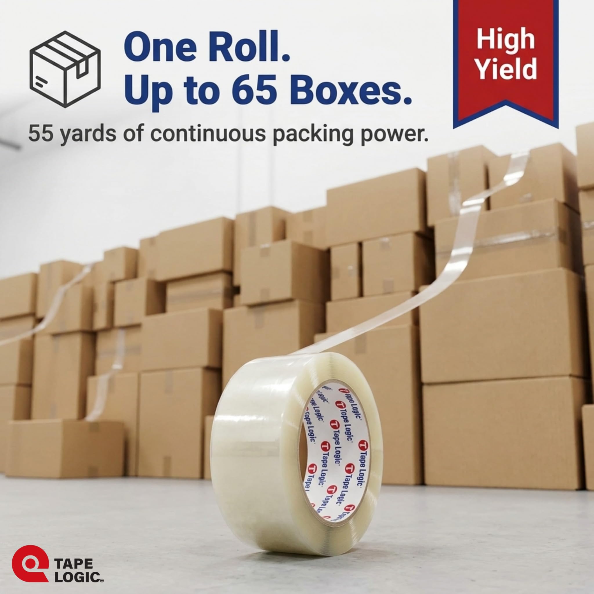 Tape Logic Cinta de embalaje, resistente, 5 cm x 55 yardas, transparente, rollo de cinta de embalaje extra larga y fuerte, ideal para almacenes, oficinas, envíos y cajas de mudanzas