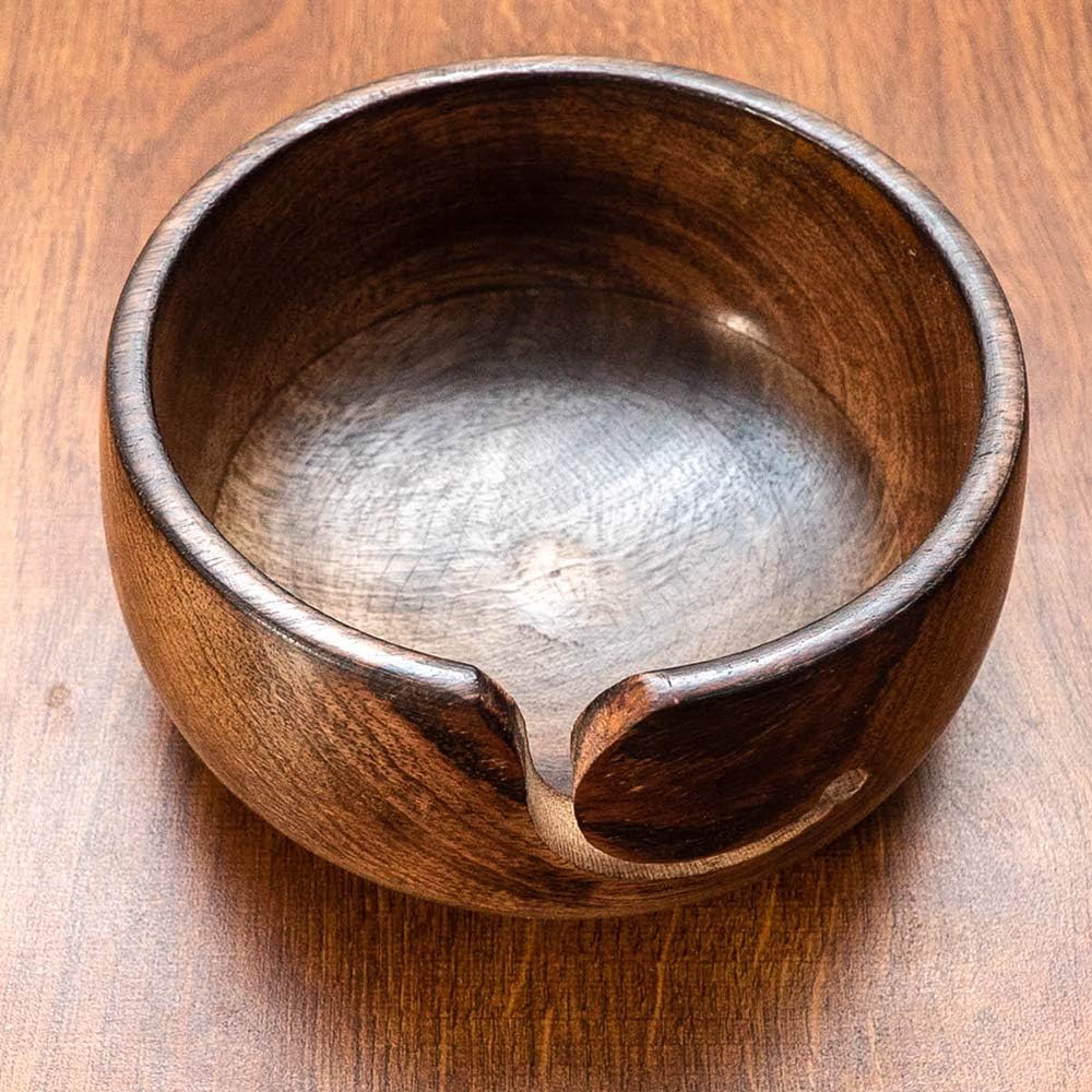 Kaizen Casa Mango Wood Thread Yarn Storage Bowl Holder with Natural Finish Organizer Box for Knitting Crocheting (6" x 6" x 2.5")