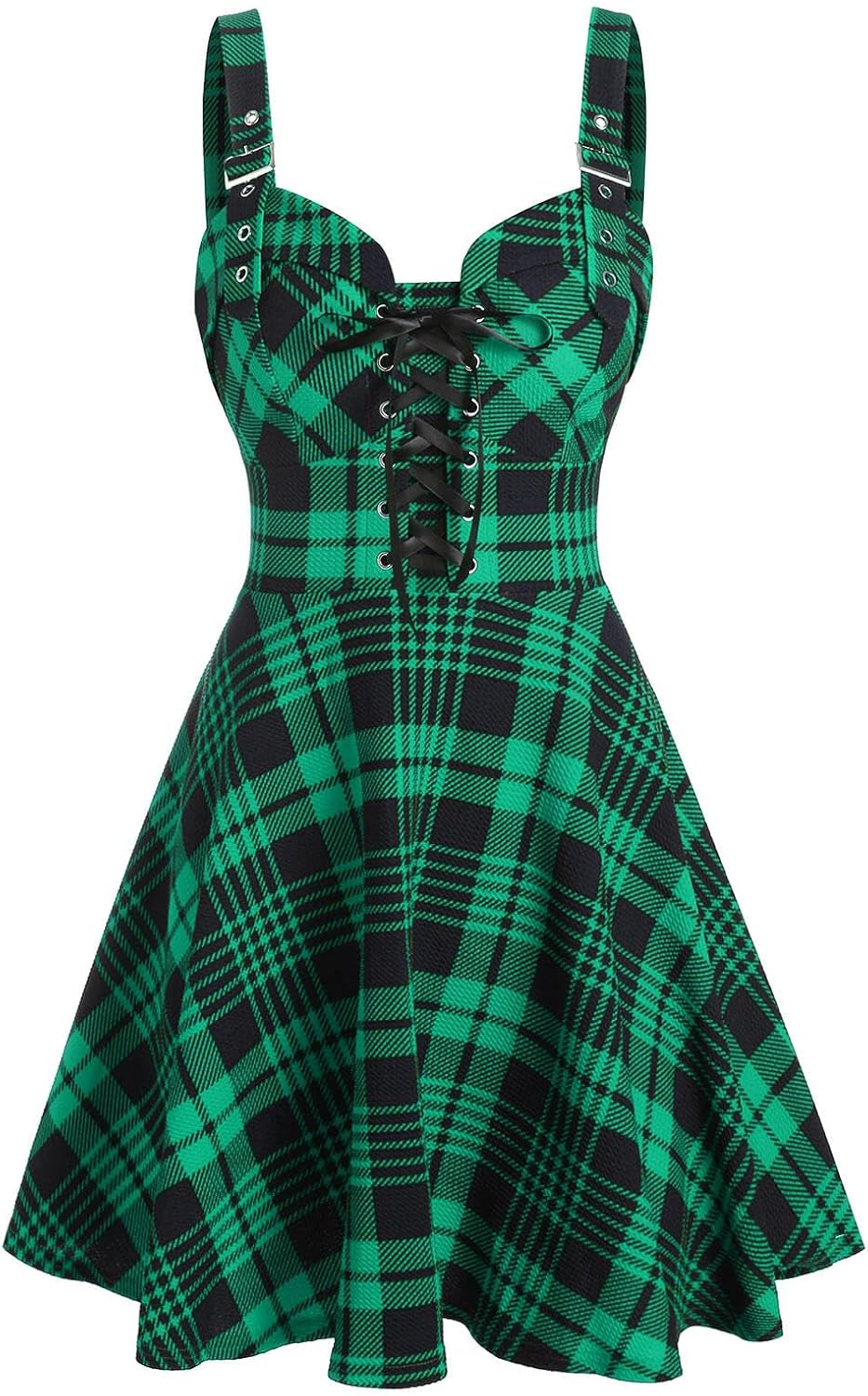 DRESSFO Women's Gothic Dress Plaid Print Lace-up Front Buckle Strap Dress Retro Empire Waist Dress Vintage 1950s Dresses