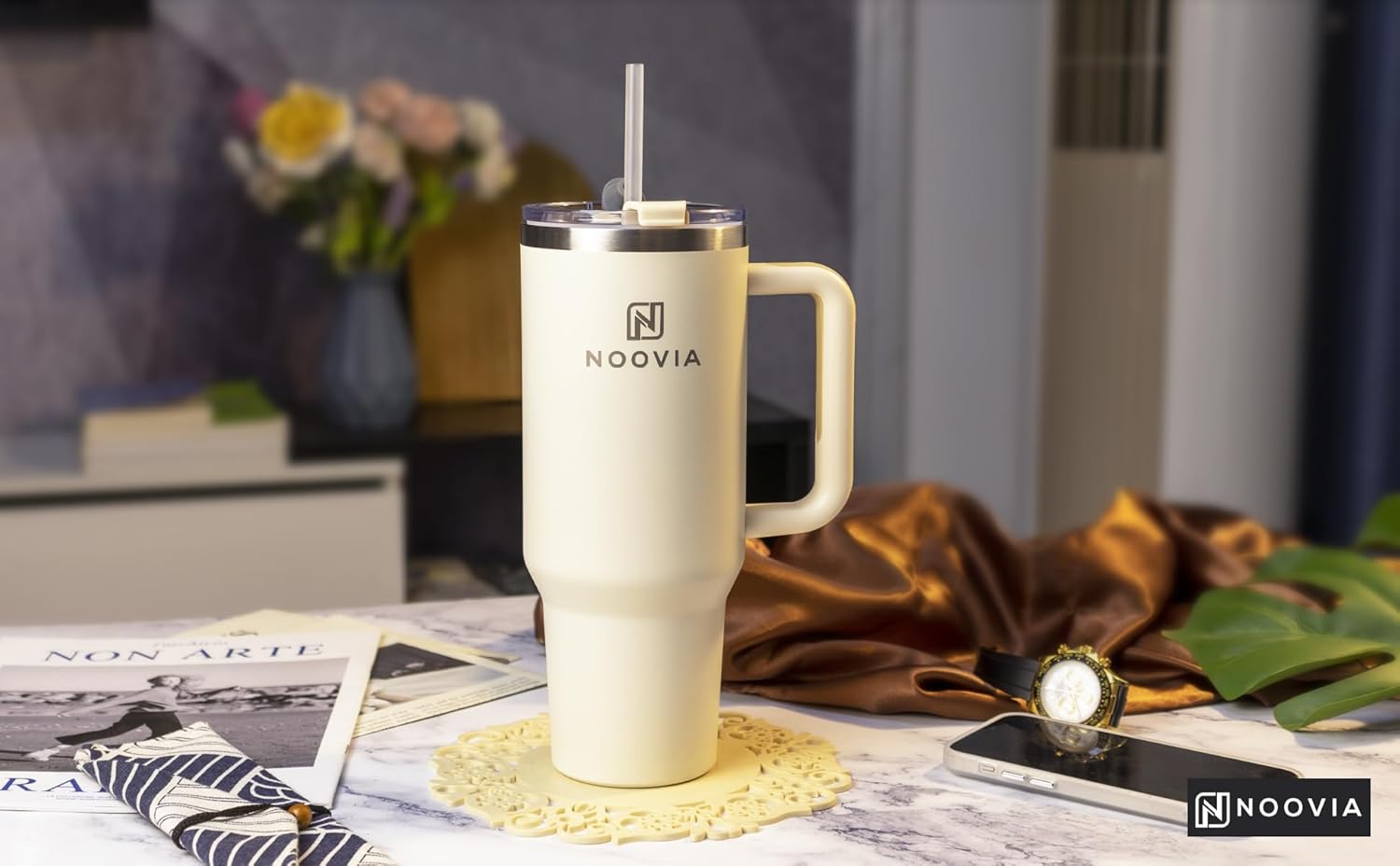 NOOVIA 40oz Stainless Steel Tumbler with Handle & Straw – Double Wall Vacuum Insulated Cup for Hot & Cold Drinks-Christmas Gift. - Image 7