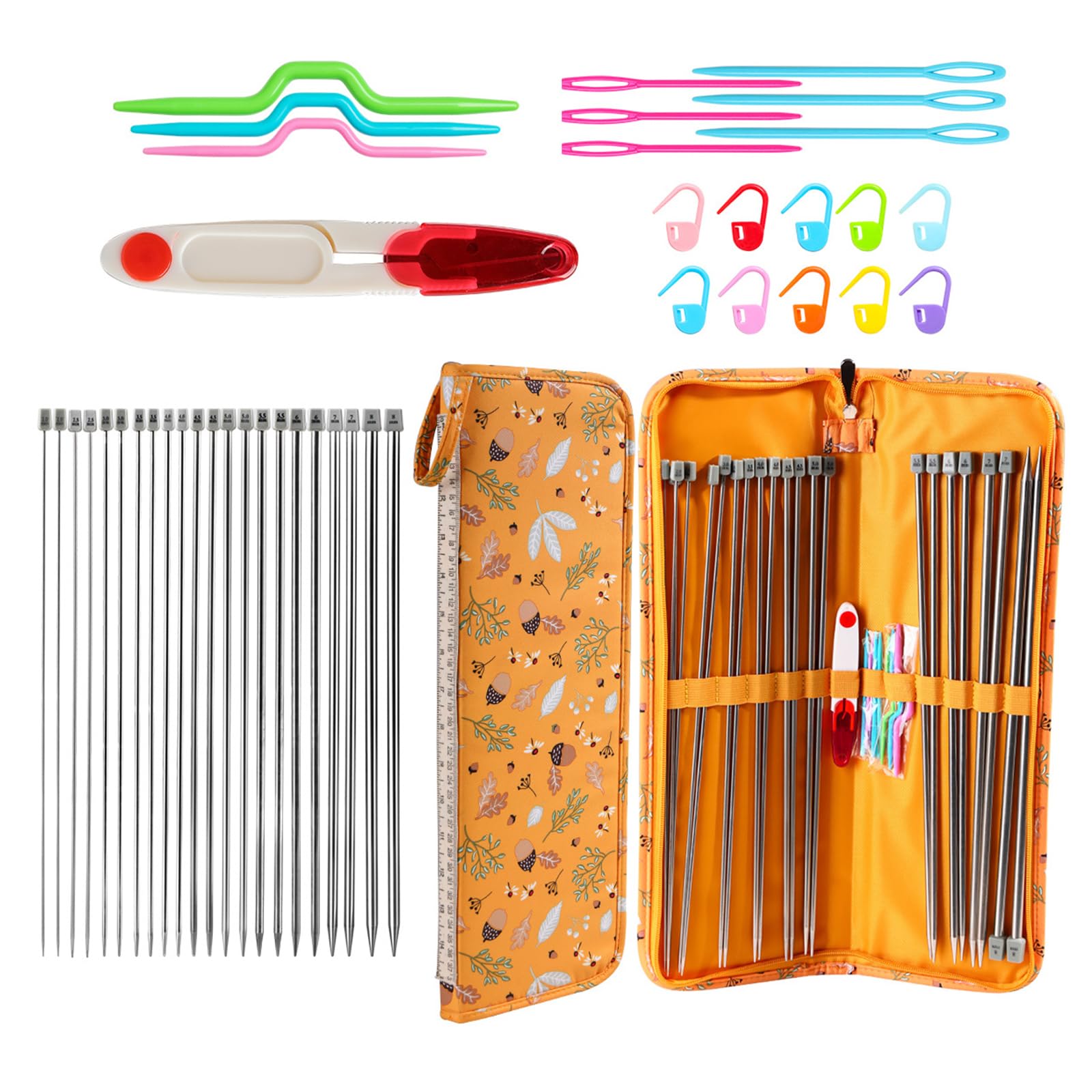 Kalttoy 22Pcs 13.8Inch Stainless Steel Straight Knitting Needle for Beginner 2.0mm-8.0mm Single Pointed Sweater Knitting Needle Aluminum
