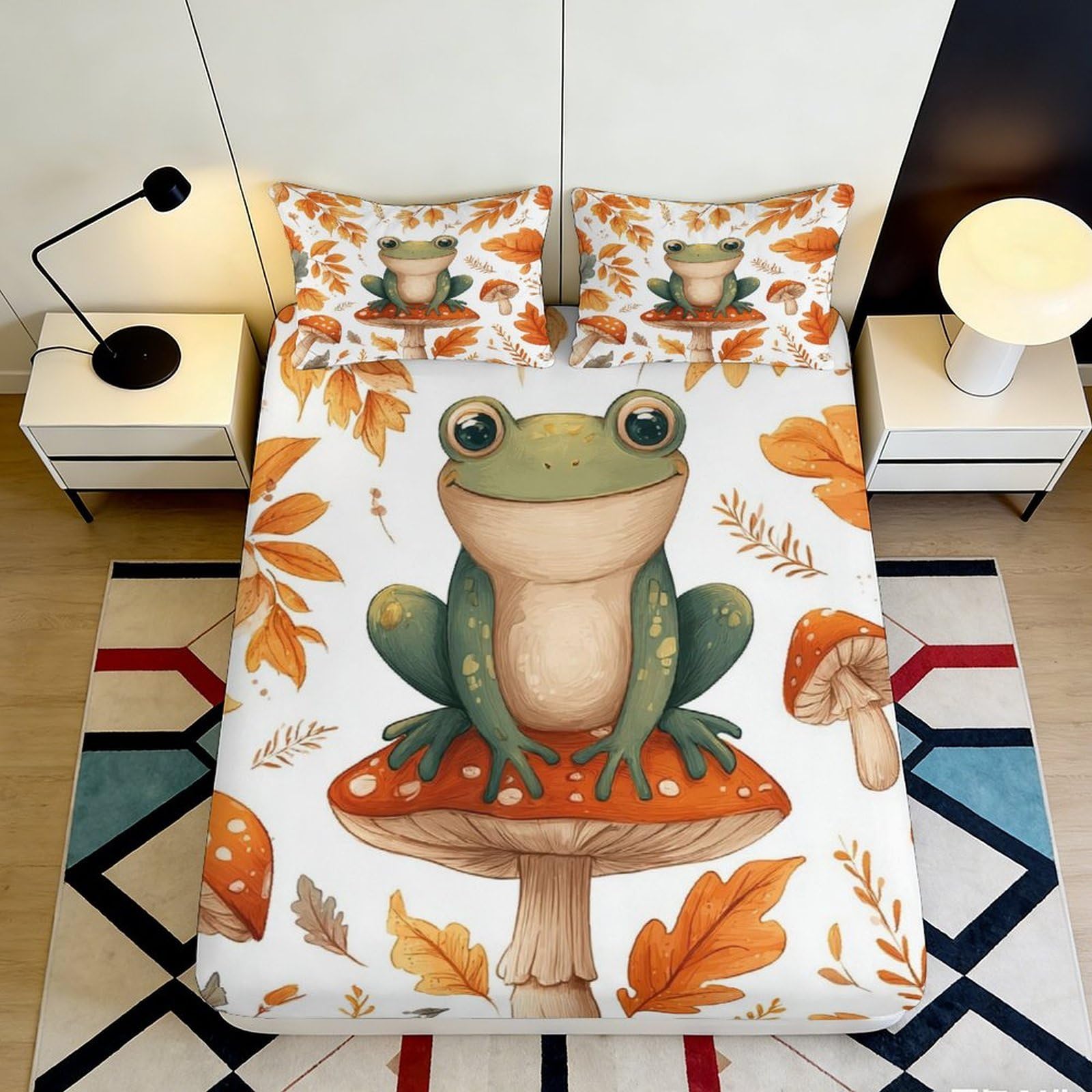 3D Printed Autumn Frog Fitted Sheet Microfiber Soft Touch Mushroom Leaf Bed Cover for Bedroom Dorm Decor 90x200x25cm
