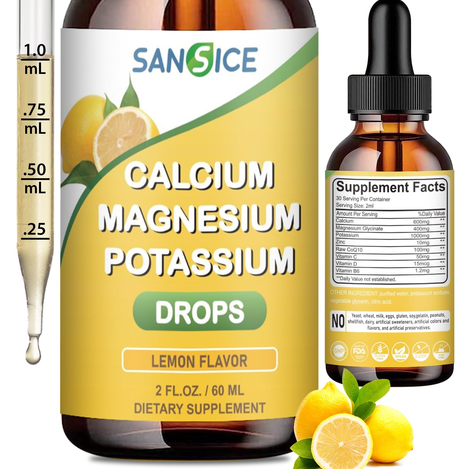Calcium Magnesium Potassium Liquid Drops, 400mg Magnesium Glycinate, 600mg Calcium Potassium Magnesium Drop Supplement with Vitamin D and Zinc (60ml/Lemon Flavor)