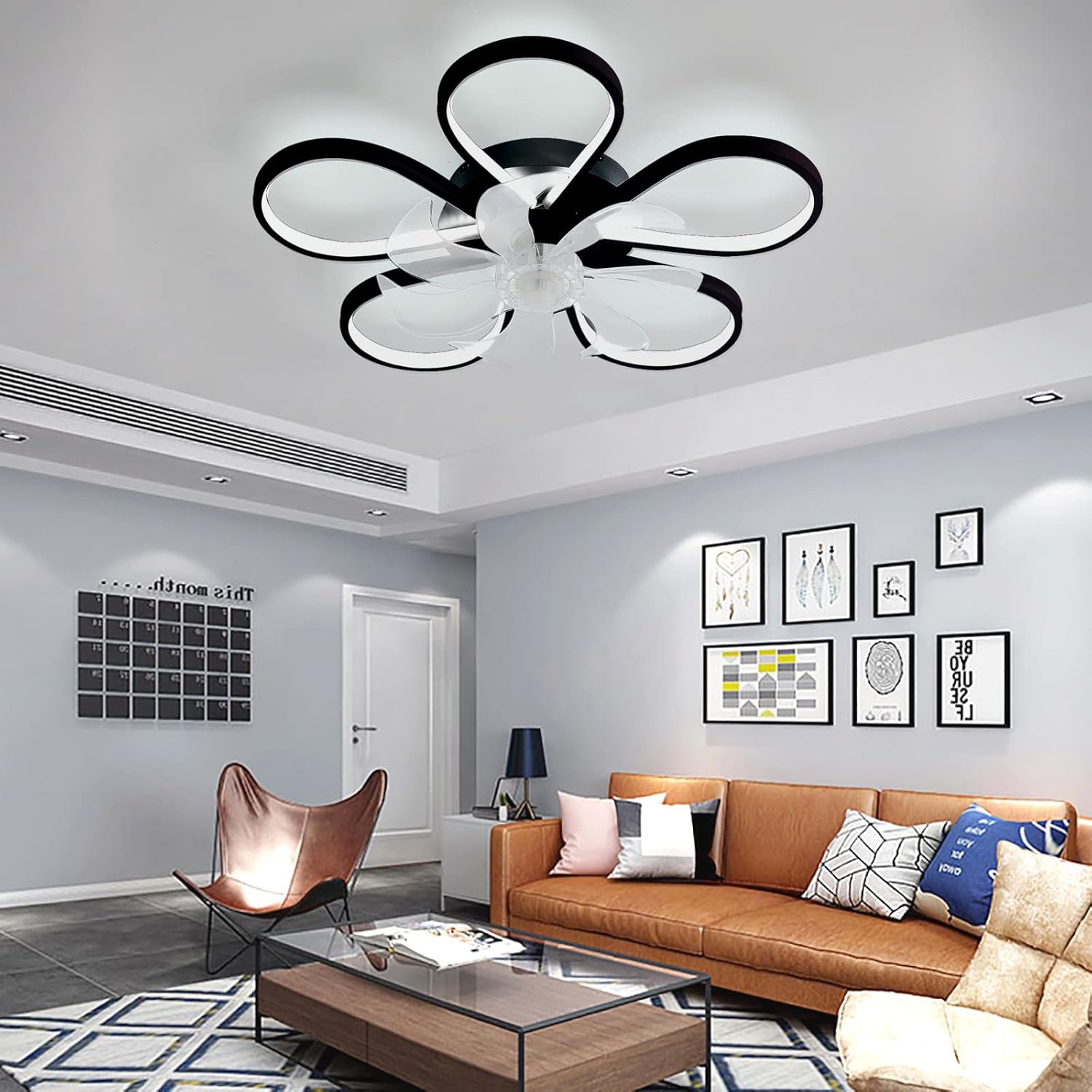YUEGOO Ceiling Fans with Lamps,Remote App Control Silent Dimmable Ceiling Fan with Led Lamp Modern Reversible 6 Speed Timer Chandeliers with Fan for Living Room Bedroom Office/Black/B