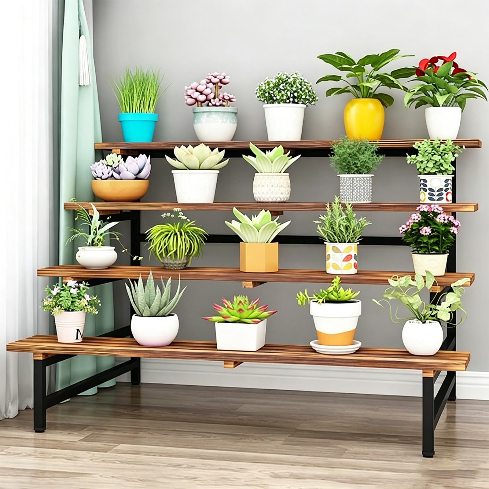 ATRBNCX 4 Tier Wooden Plant Stand Rack, Heavy Duty Metal Frame Corner Flower(Size:120cm/47in,Color:Black)