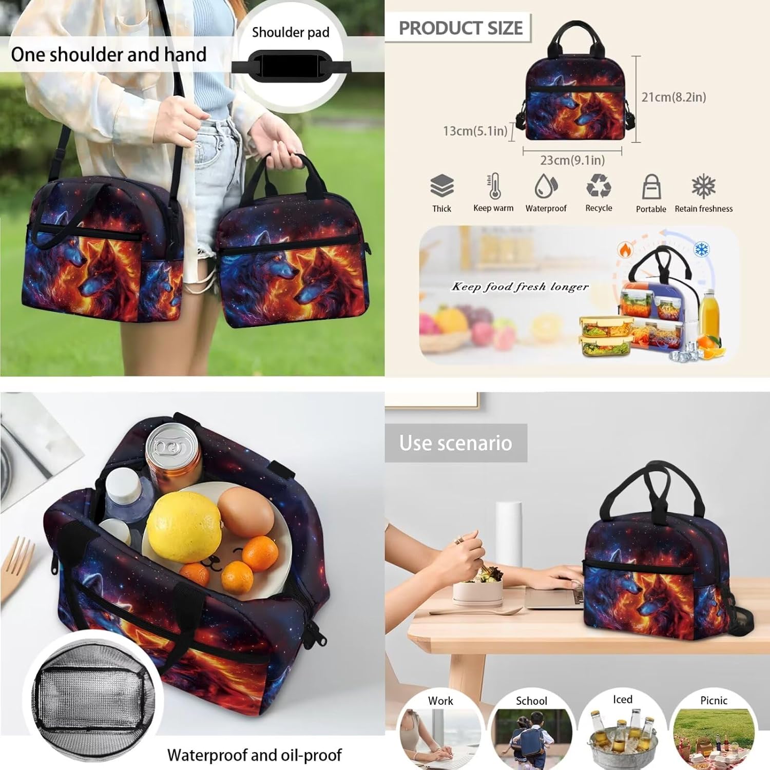 Galaxy Wolf Backpack for Girls Boys Backpack with Lunch Box and Large Pencil Pouch 3 in 1 Set 12" Sturdy Bookbag with Front Pocket for Kids Lightweight School Bag with Side Pockets for Toddler