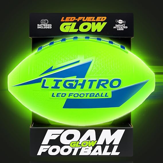 LIGHTRO - Soft Foam Glow in The Dark Football - 8" Youth Size - Super Bright LEDs - Batteries Included - LED Football - for Kids 6 7 8 9 10 11 12 - Light Up Gift for Birthdays - Kids & Boys