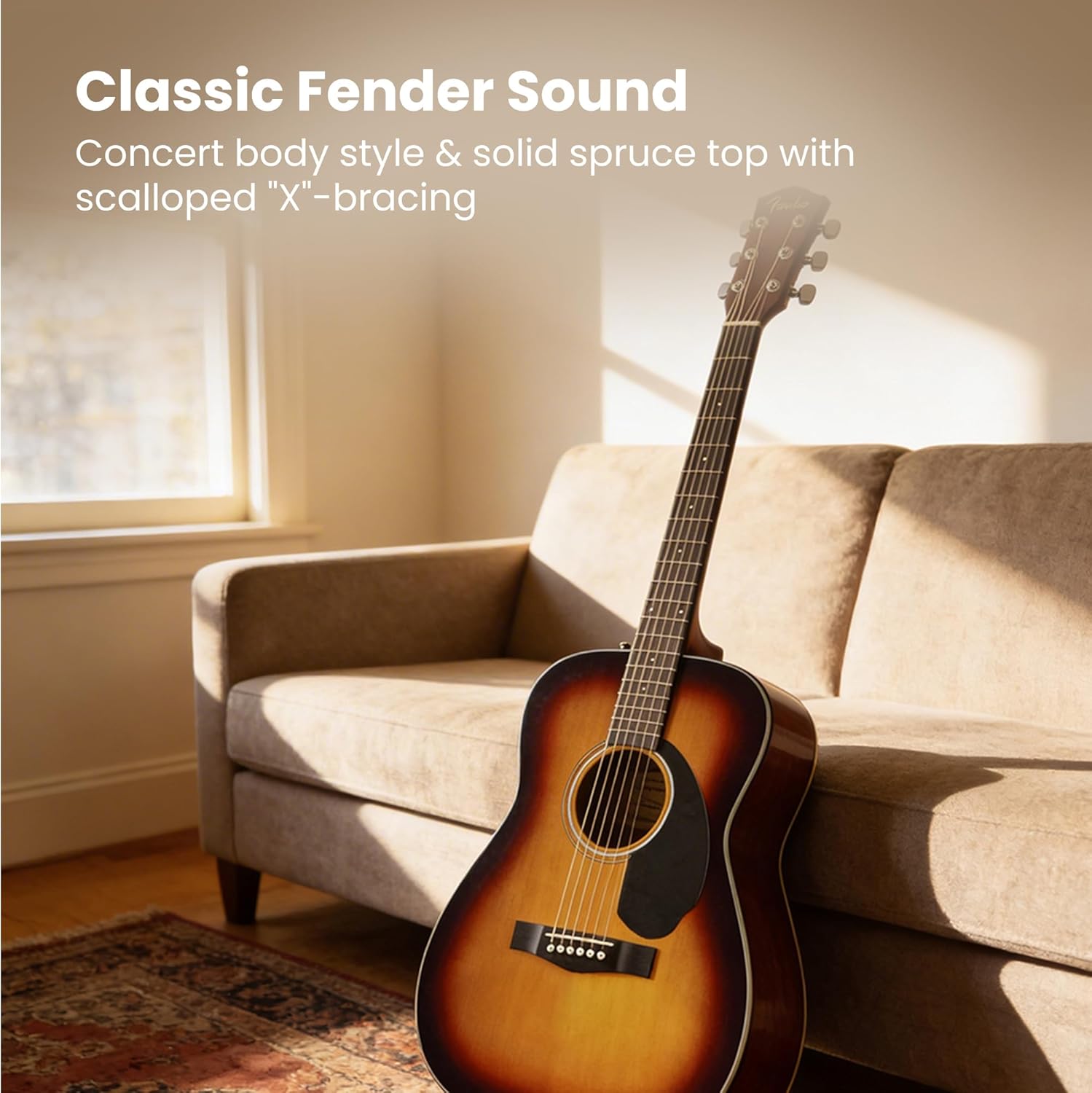 Fender CC-60S Solid Top Concert Acoustic Guitar - Sunburst Bundle with Gig Bag, Tuner, Strap, Strings, Picks, and Austin Bazaar Instructional DVD