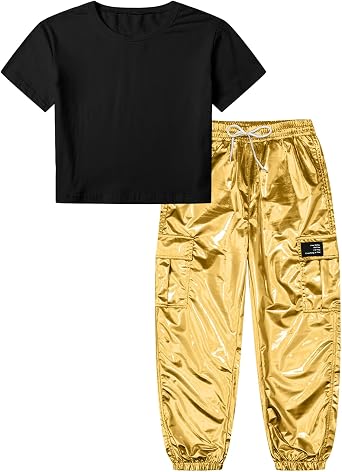 Betusline Girls 2 Piece Summer Outfits,Kids Casual Short Sleeve Crop Top & Cargo Jogger Pants Sets,4T-14Y