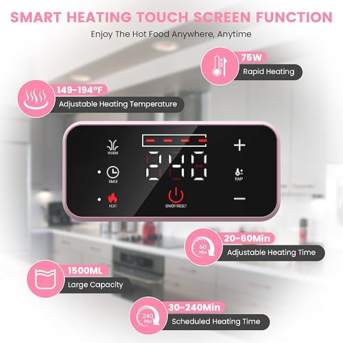 Miniatura 4 de Fiambrera eléctrica para adultos  Calentador de alimentos autocalentable recargable de 75 W con 6.3 tazas (1.5 litros), contenedor de acero