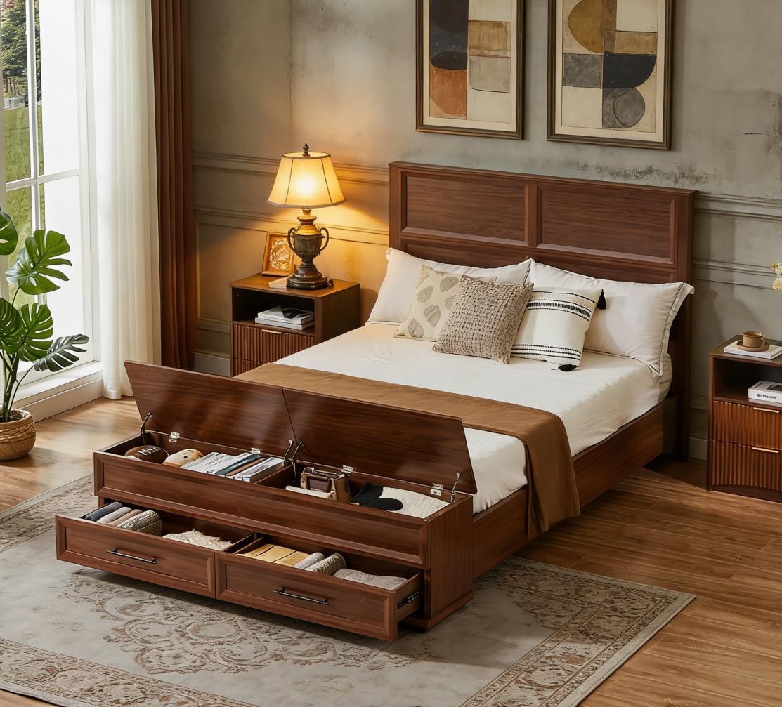 Bellemave Farmhouse Queen Bed with 3D Geometric Headboard and Storage Bench, Rustic Wood Queen Platform Bed with Storage Chest and 2 Large Drawer, Walnut