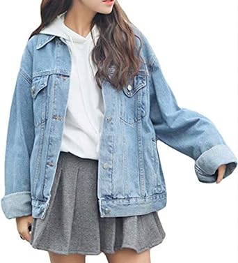 Womens Boyfriend Denim Jackets Long Sleeve Loose Jean Coats Oversize...