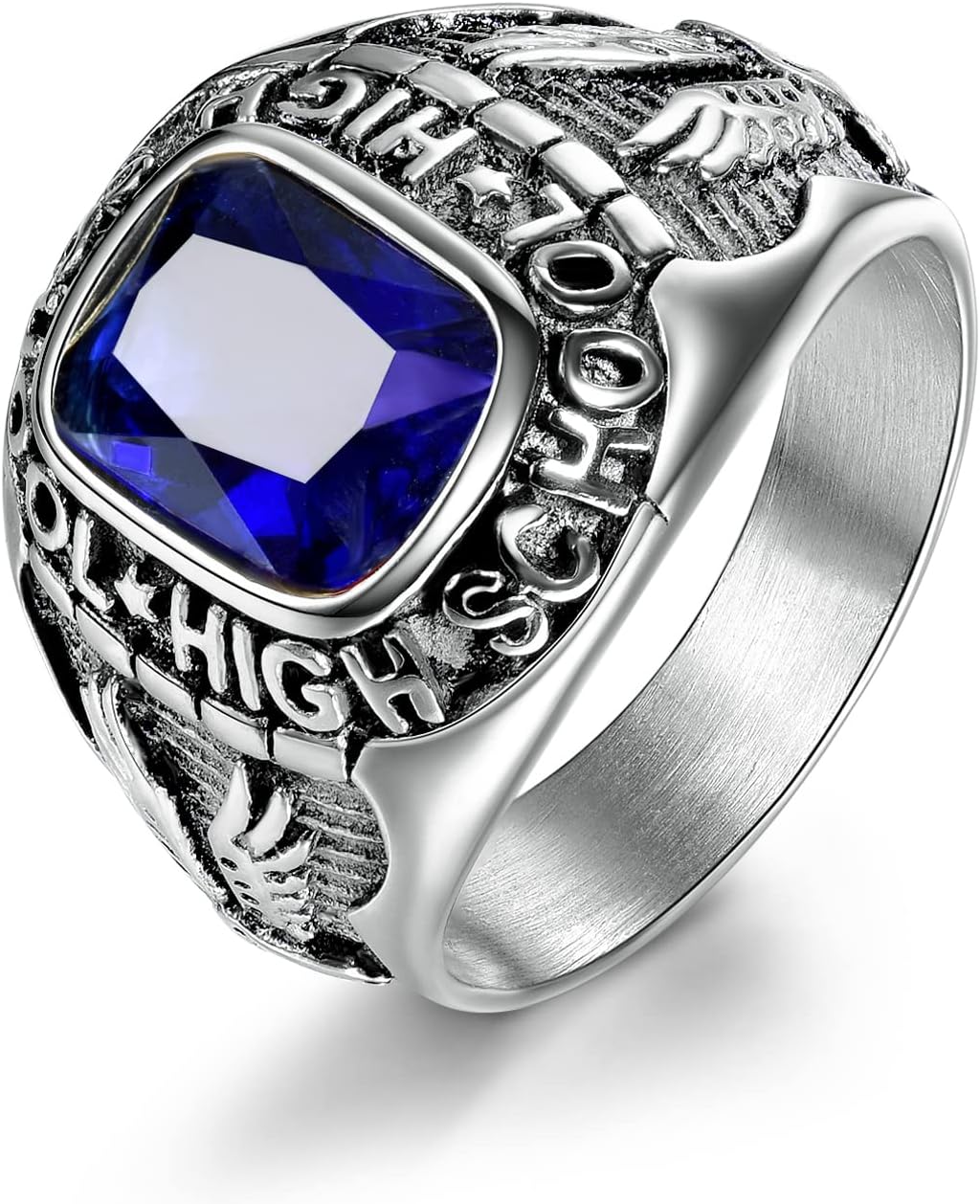 MASOP 316L Stainless Steel Rings for Men with Blue Stones Engraved High School Eagle Size 8-15