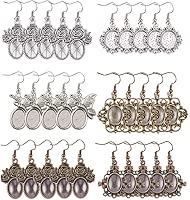 PH PandaHall 36pcs 3 Style Earring Pendant Tray Bezel Cabochon Settings, 40pcs Oval Transparent Glass Cabochons and 40pcs Brass Earring Hooks (Antique Silver & Bronze)