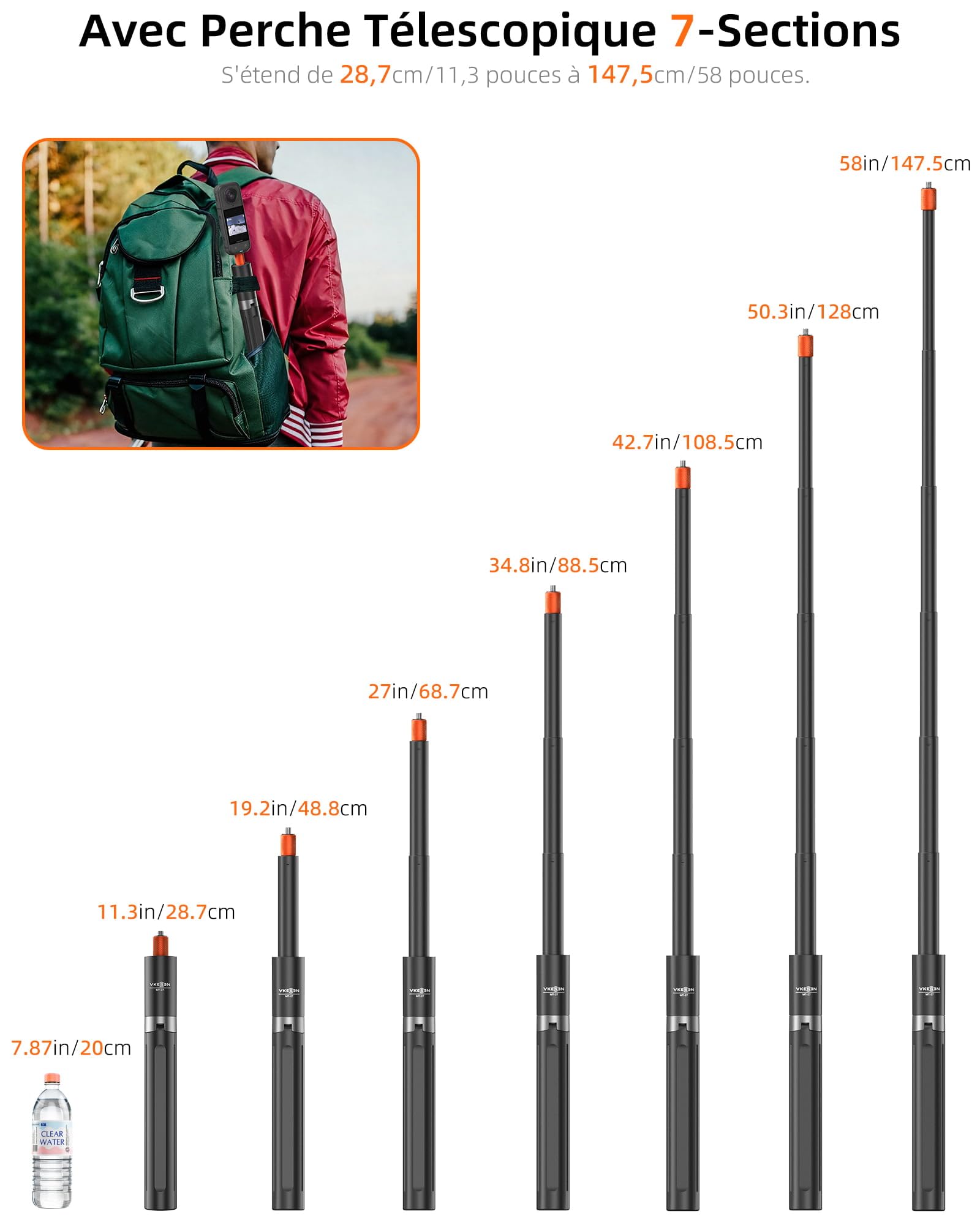 Perche à Selfie Invisible 147cm avec Trépied pour Insta 360 X5/X4/X3/Ace Pro/GO 3S/GO Ultra, DJI Osmo 360, GoPro, 2-en-1 Bâton Selfie Trepied/Tige d'extension étendue/Poignée/Support/Accessoires
