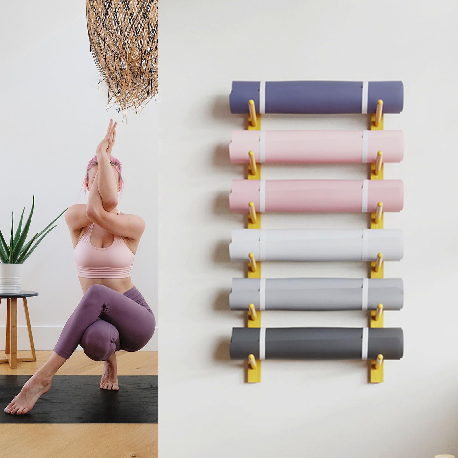 Support mural pour tapis de yoga en bois suspendu organisateur gain de place